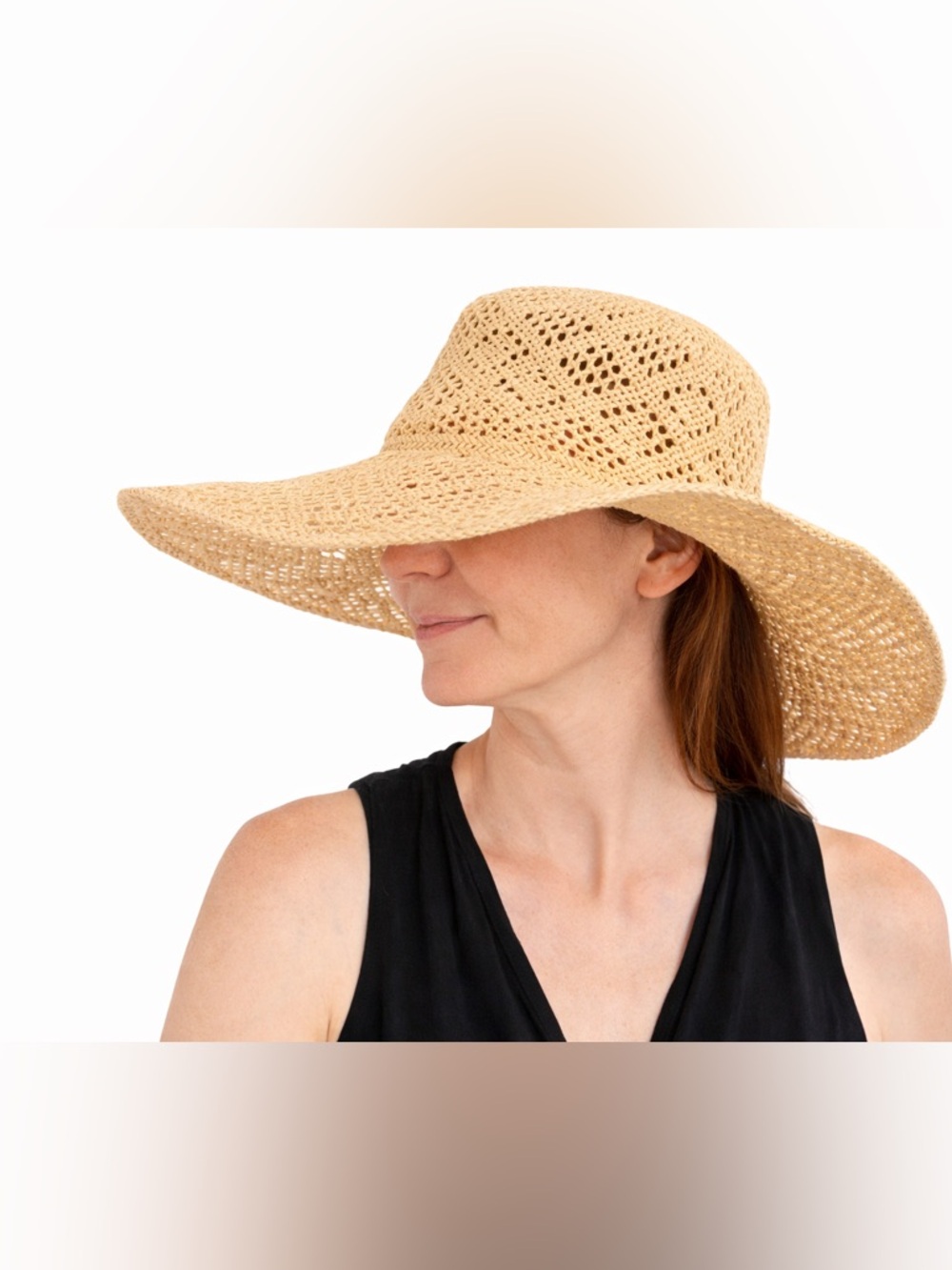 L*Space Bungalow Wide Brim Crochet Straw Sun Hat Natural Beige NWT